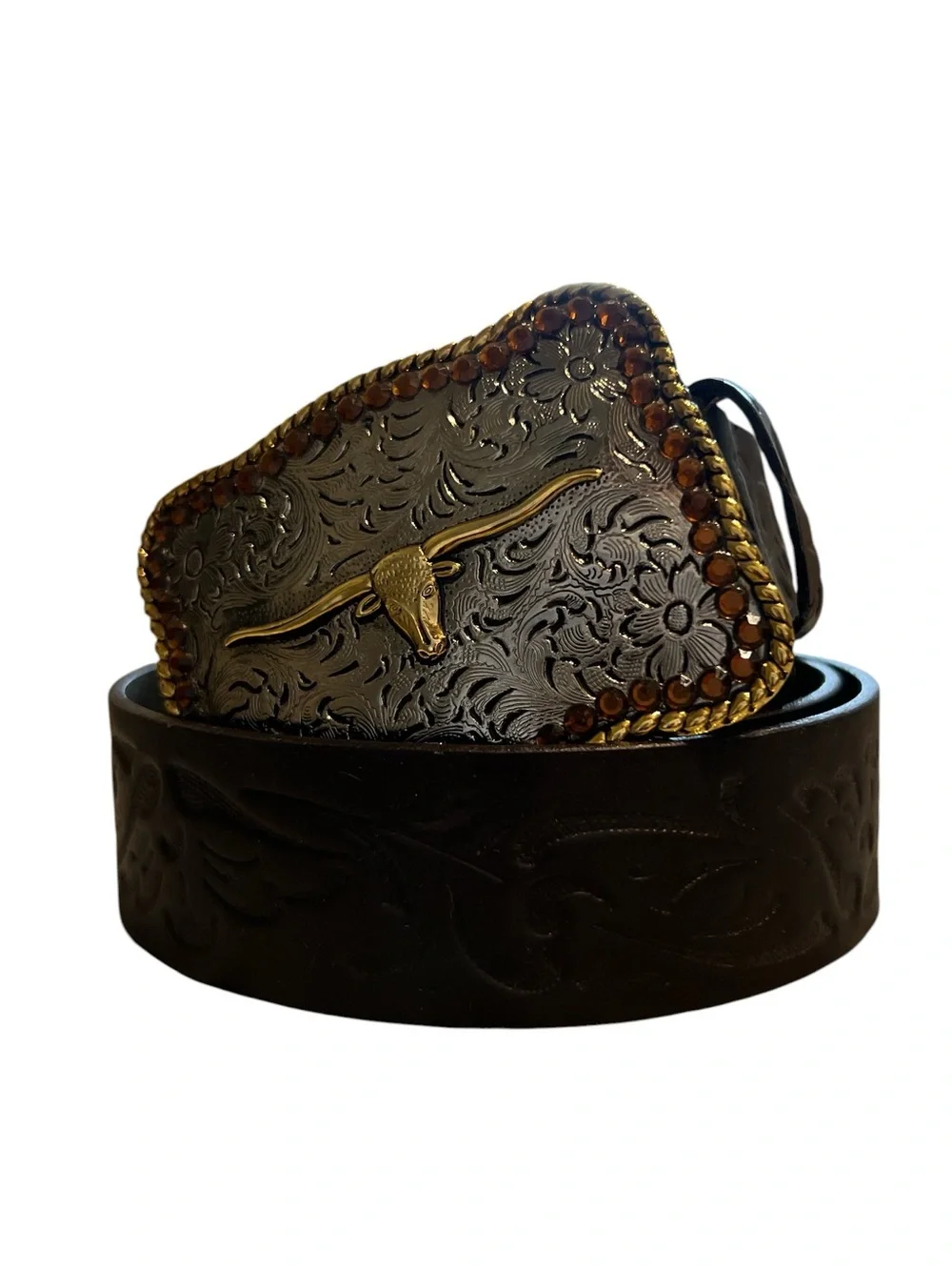 Women’s Longhorn Brown Tooled Bonded Leather Belt with Ornate Silver/Gold Buckle